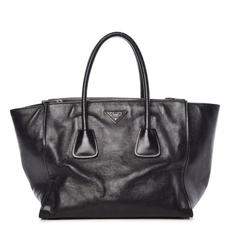 PRADA Glace Calf Twin Pocket Tote Black .